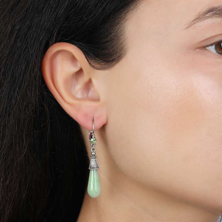 Silver Tone Green Aventurine Teardrop Leverback Earrings