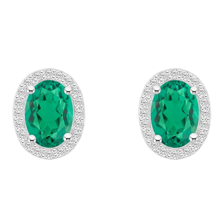7x5mm Oval Created Emerald And Created White Sapphire 10k White Gold
Halo Stud Earrings