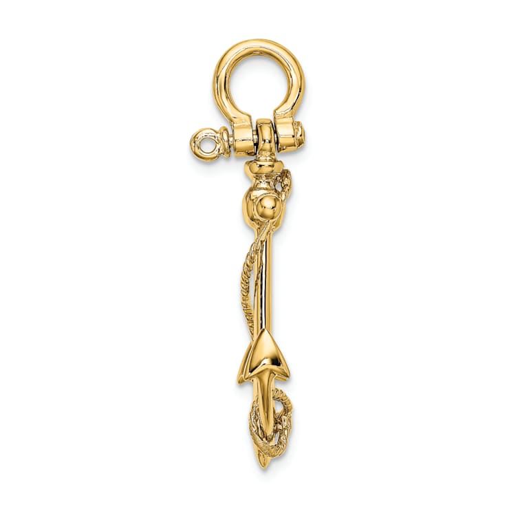 14k Yellow Gold 3D Textured Anchor with Long T Bar and Shackle Bail Pendant