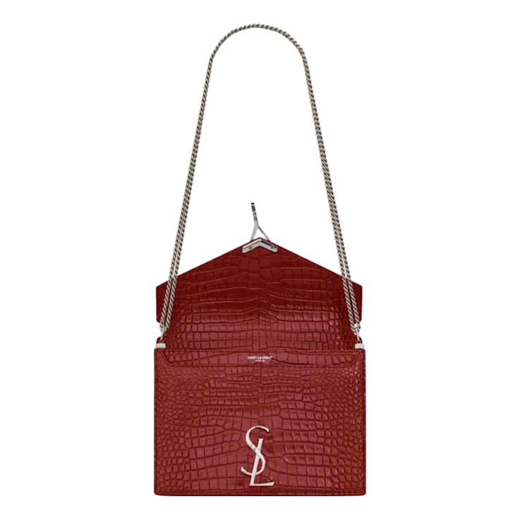 Saint Laurent Cassandra Red Croc Leather Medium Shoulder Bag Women s