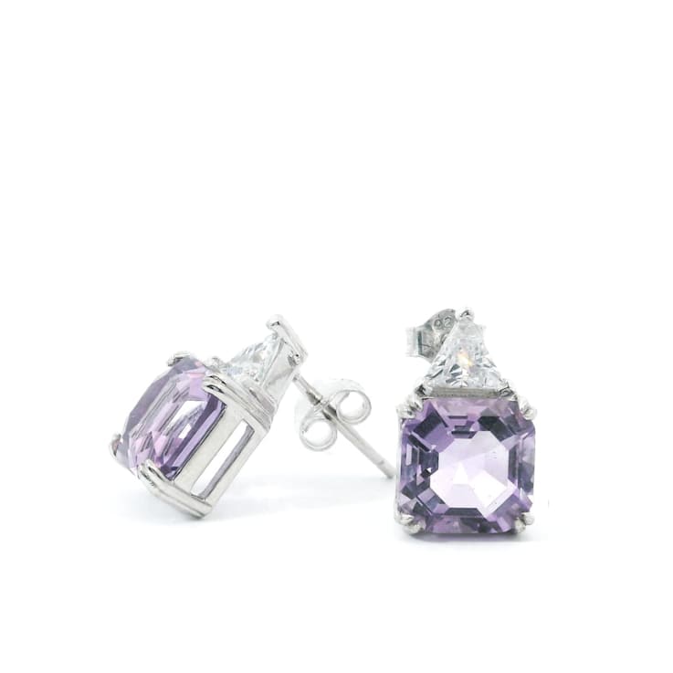 Purple Amethyst and White CZ Octagon Stud Sterling Silver Earrings