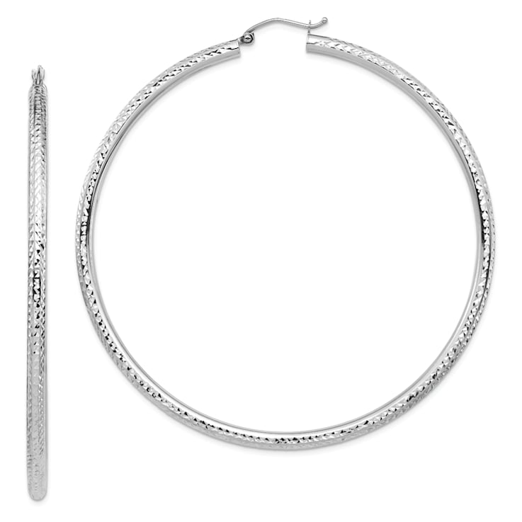 Rhodium Over 14k White Gold 2 13/16" Diamond-Cut Hoop Earrings