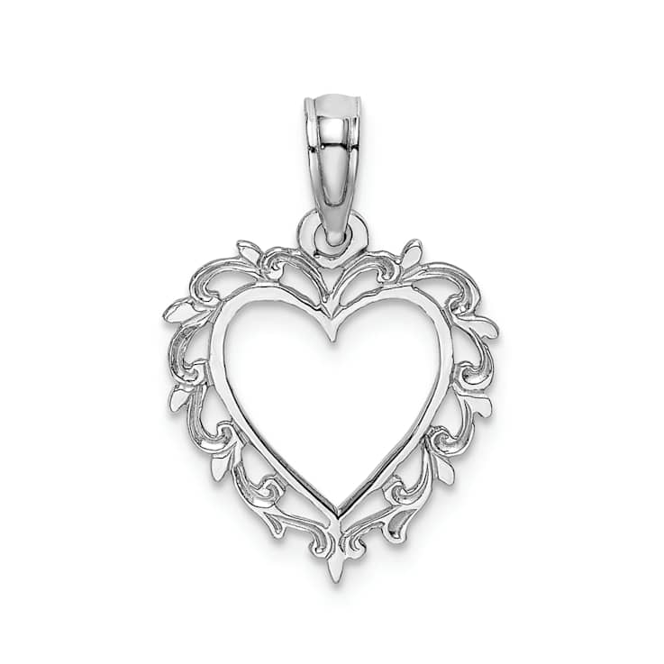 Rhodium Over 10K White Gold Textured Heart with Lace Trim Charm