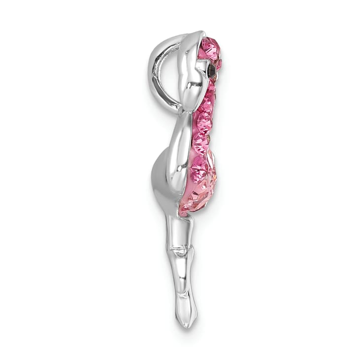 Rhodium Over Sterling Silver Polished Pink Crystal Flamingo Chain Slide