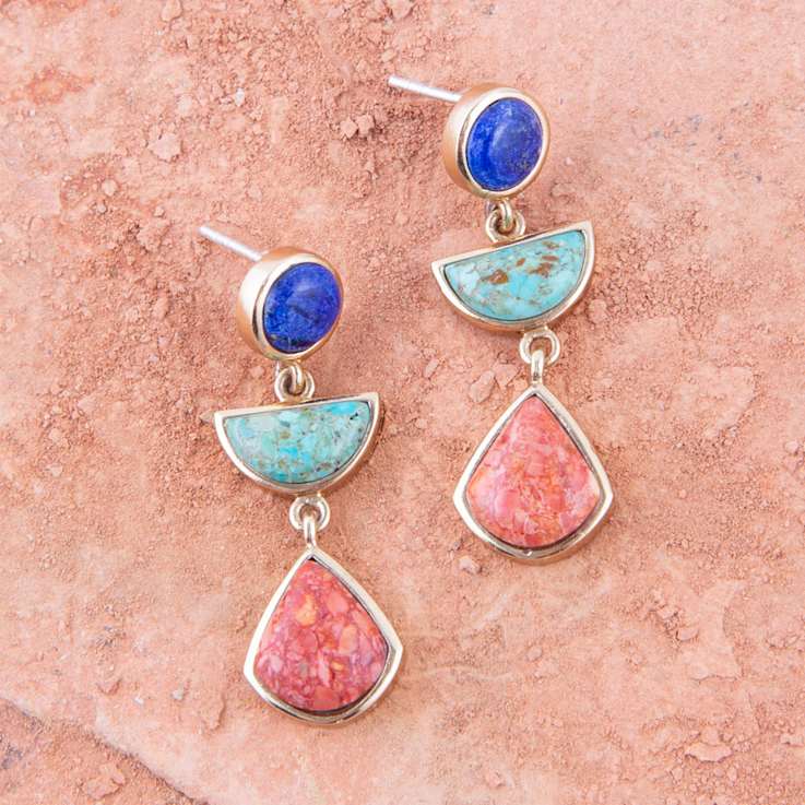 Barse Jewelry Lapis Lazuli, Turquoise and Orange Sponge Coral Gold Tone
Drop Earrings