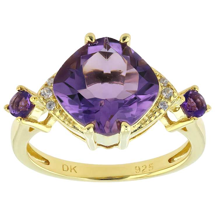 Amethyst With White Zircon Ring In 18K Gold Over Sterling Silver 3.88ctw