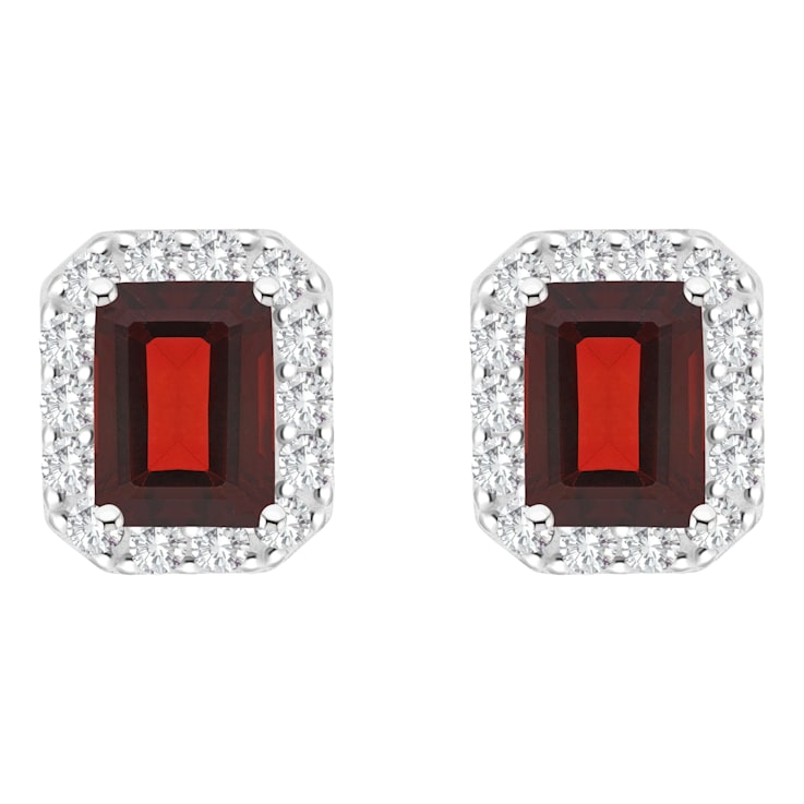 8x6mm Emerald Cut Garnet And White Topaz Accent Rhodium Over Sterling
Silver Halo Stud Earrings