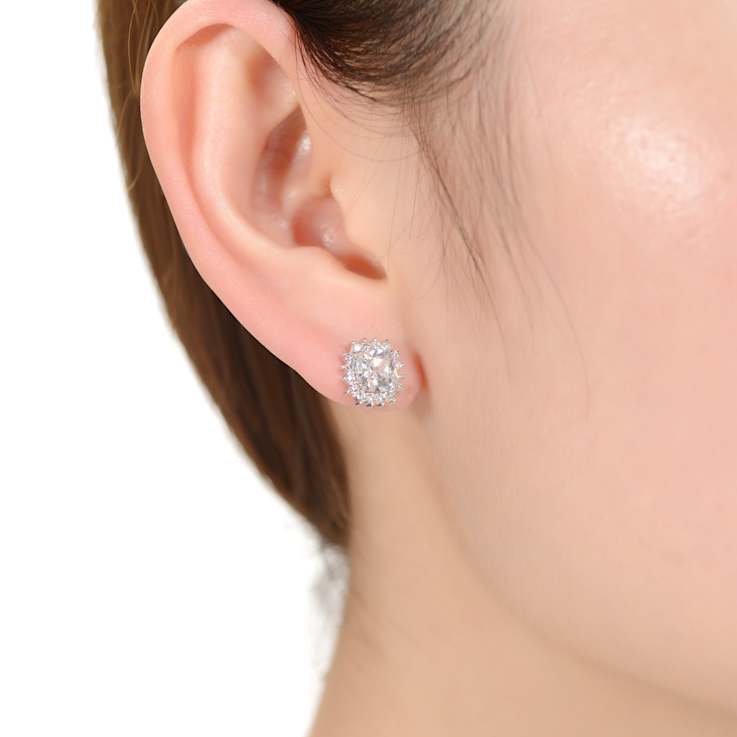 Square CZ Halo Stud Earrings In White Rhodium Over Brass