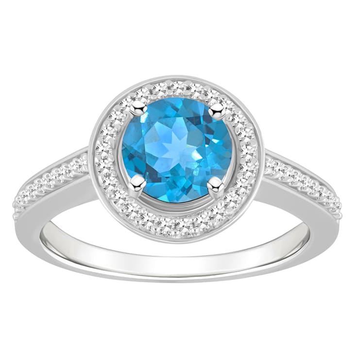 7mm Round Blue Topaz 1/5 ctw Diamond Rhodium Over Sterling Silver Halo Ring