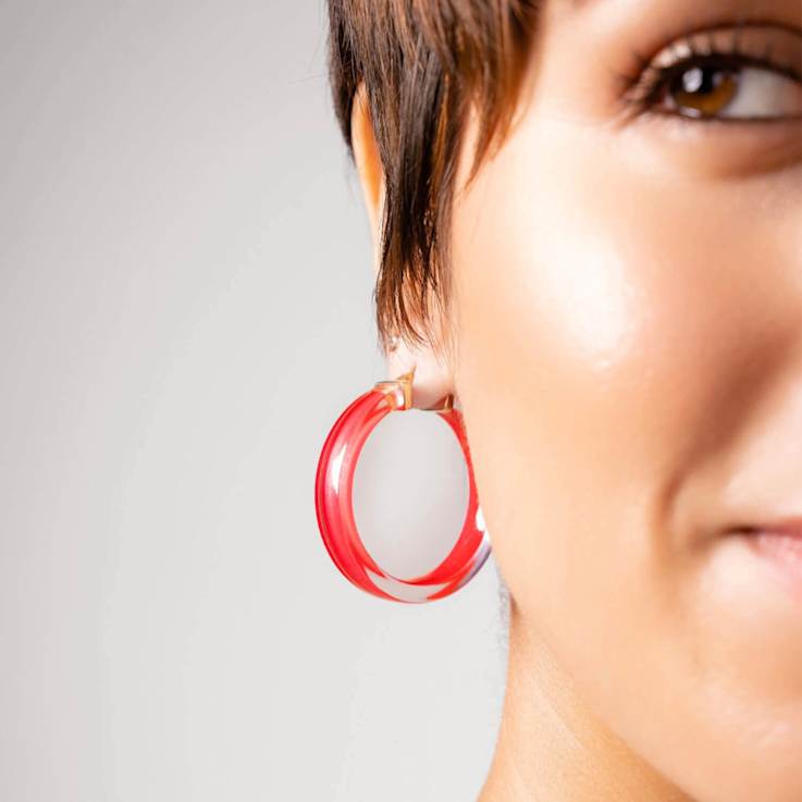 14K Yellow Gold Over Sterling Silver Acrylic and Hand Painted Enamel
Flat Illusion Hoops in Pink