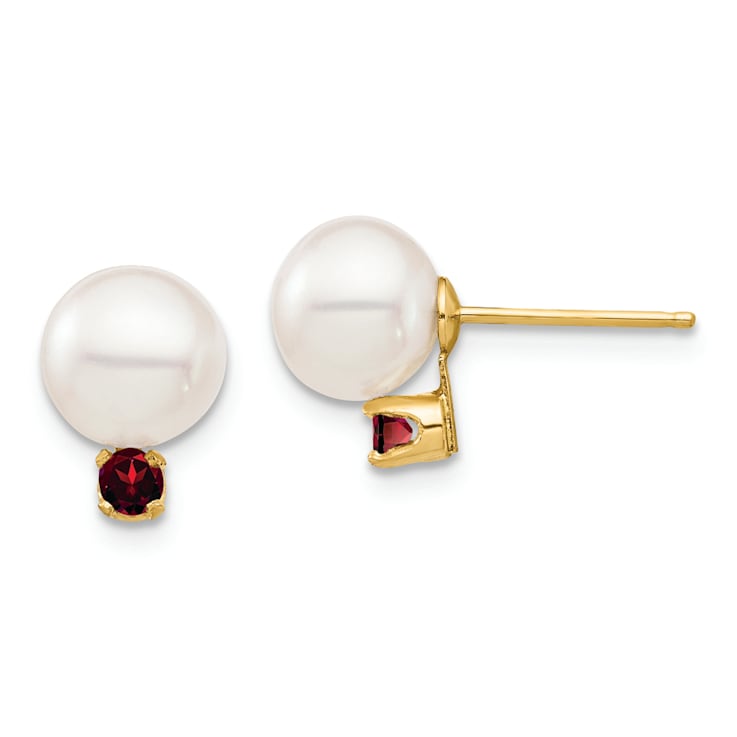 14K Yellow Gold 7-7.5mm White Round Freshwater Cultured Pearl Garnet
Post Earrings
