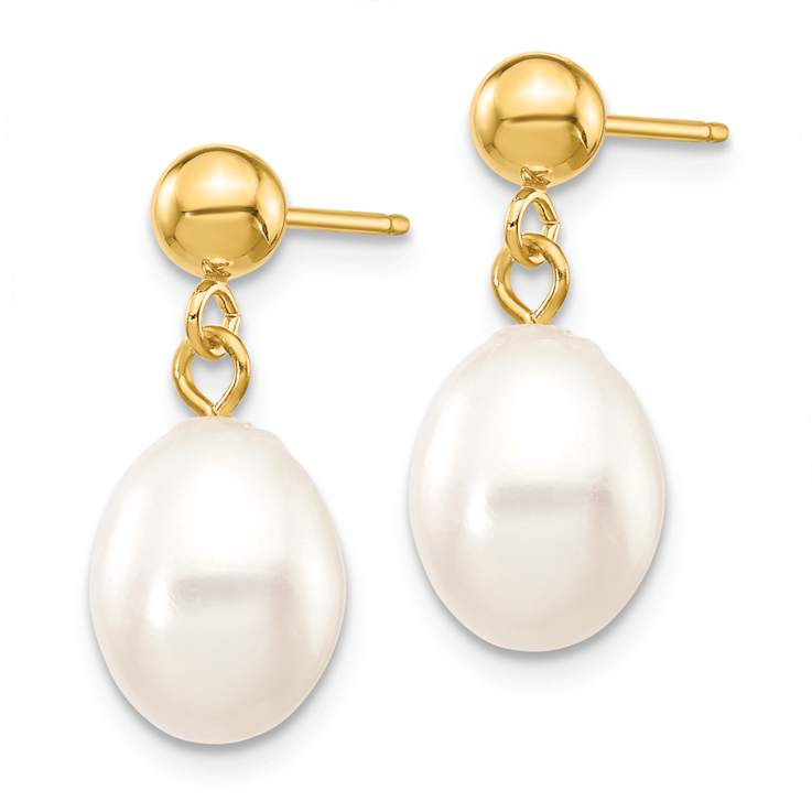 10k Yellow Gold 7-8mm White Rice Freshwater Cultured Pearl Dangle Earrings