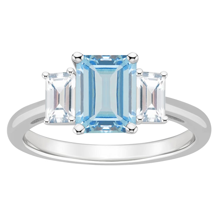 8x6mm Emerald Cut Sky Blue Topaz And White Topaz Rhodium Over Sterling
Silver 3-Stone Ring