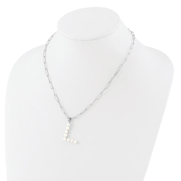 Rhodium Over Sterling Silver 3-5.5mm Freshwater Cultured Pearl LETTER L
18-inch Necklace