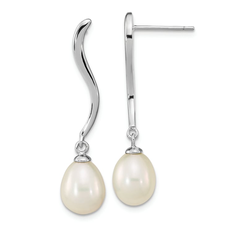 Rhodium Over Sterling Silver 7x9mm Teardrop Freshwater Cultured Pearl
Dangle Earrings