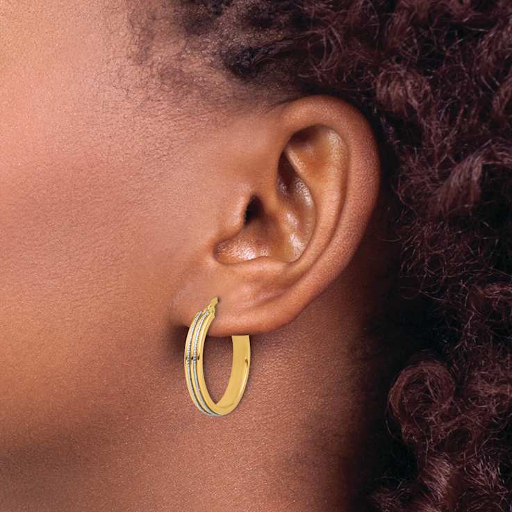 14k Two-tone 1/1" Polished and Diamond-Cut Hoop Earrings