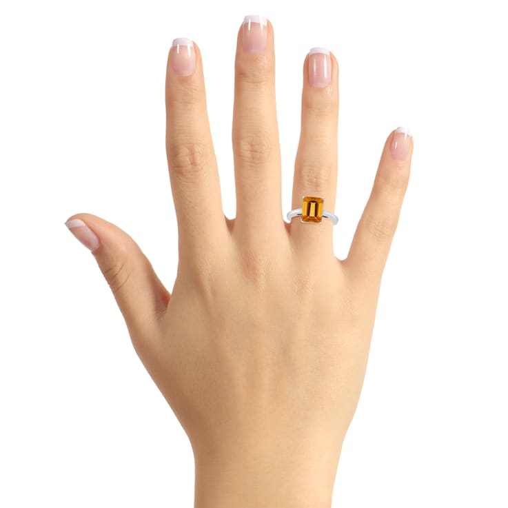 10x8mm Emerald Cut Citrine Rhodium Over Sterling Silver Ring