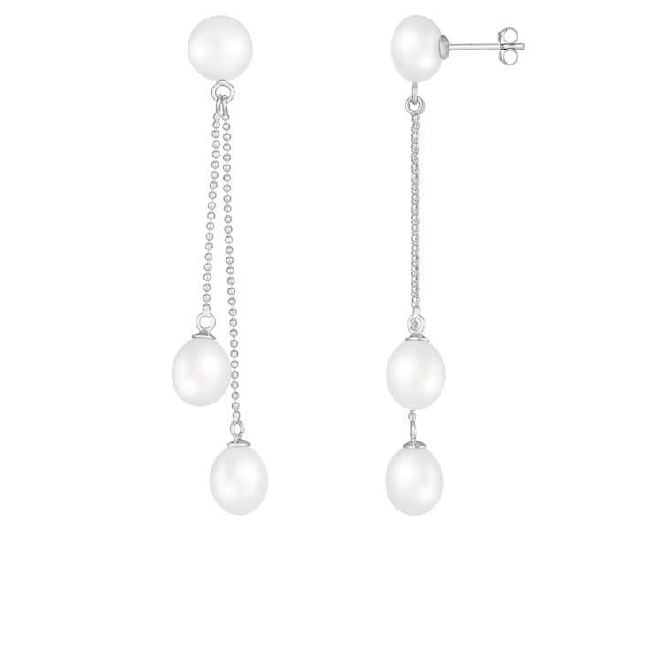 7-9mm White Cultured Freshwater Pearl Rhodium Over Sterling Silver Earrings