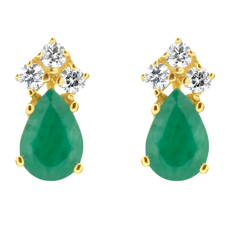 6x4mm Pear Shape Emerald with Diamond Accents 14k Yellow Gold Stud Earrings