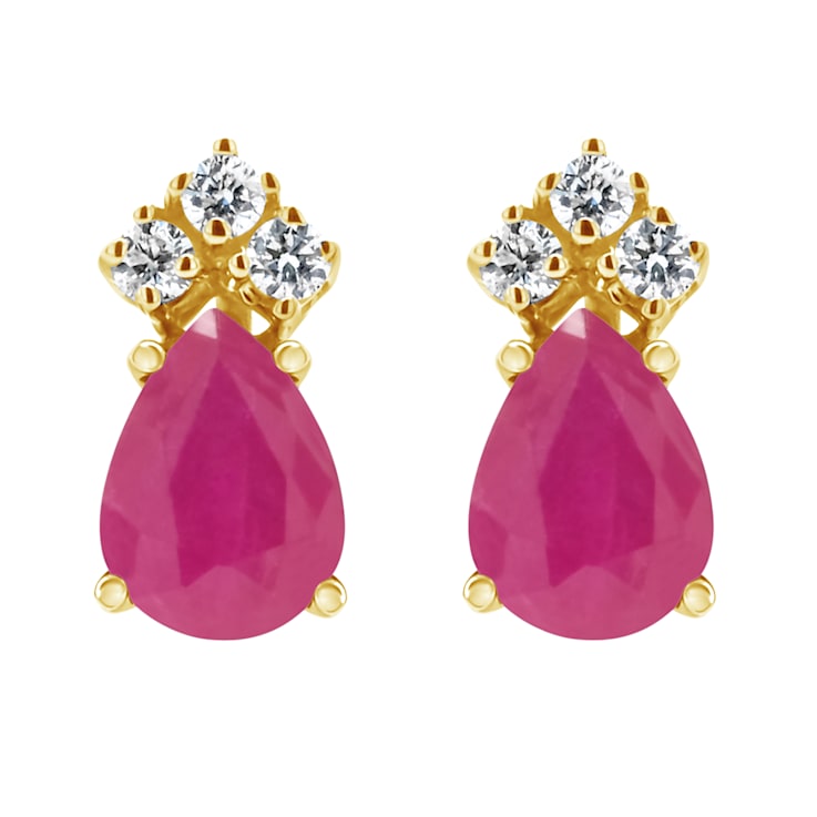 6x4mm Pear Shape Ruby with Diamond Accents 14k Yellow Gold Stud Earrings