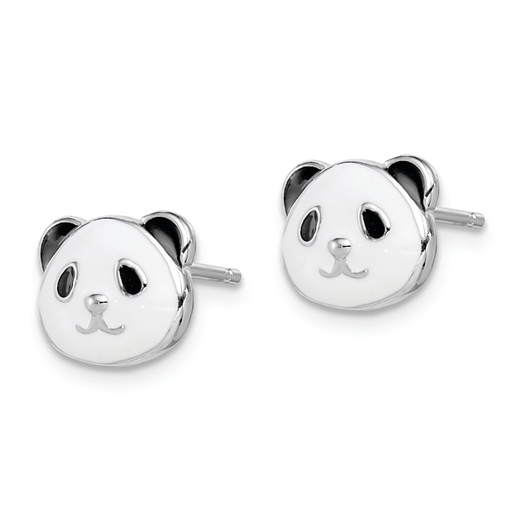 Rhodium Over Sterling Silver Enamel Panda Child's Post Earrings