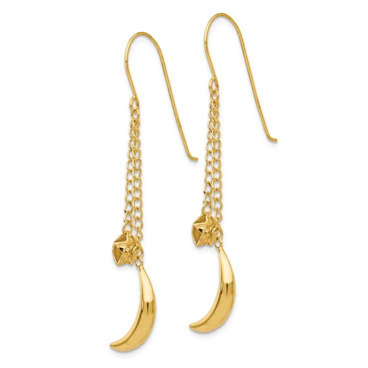 14k Yellow Gold Chain with Puffed Moon and Stars Dangle Earrings