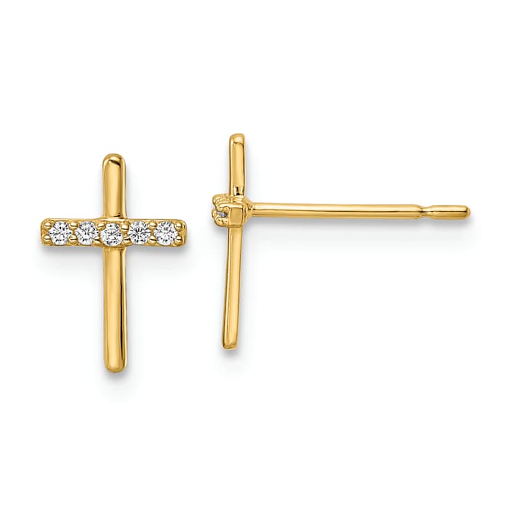 14k Yellow Gold Cubic Zirconia Cross Stud Earrings