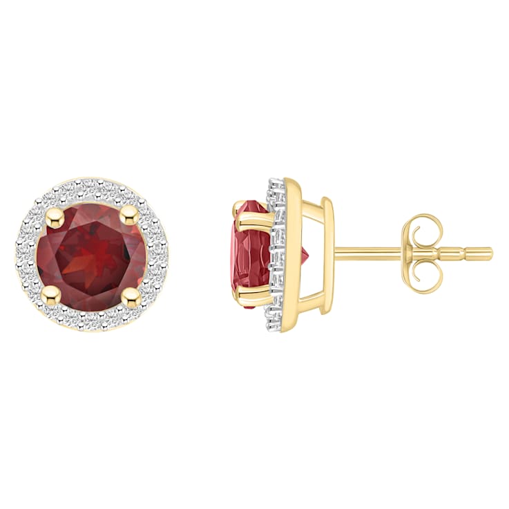 6mm Round Garnet And Created White Sapphire 10k Yellow Gold Halo Stud Earrings