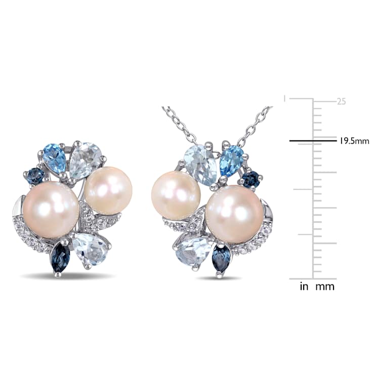 6.5-8MM Freshwater Cultured Pearl Multi-gems Earrings and Pendant Set in
Sterling Silver