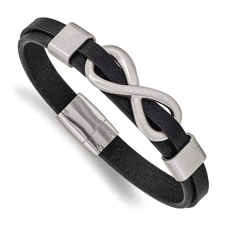 Black Leather and Stainless Steel Brushed and Polished Infinity Sign Bracelet