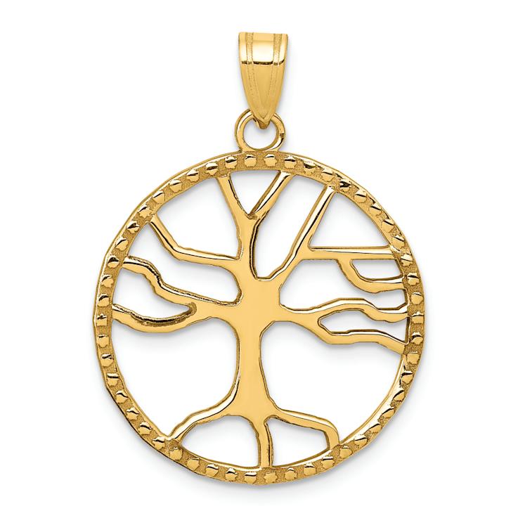 14k Yellow Gold Textured Tree of Life in Round Frame Pendant