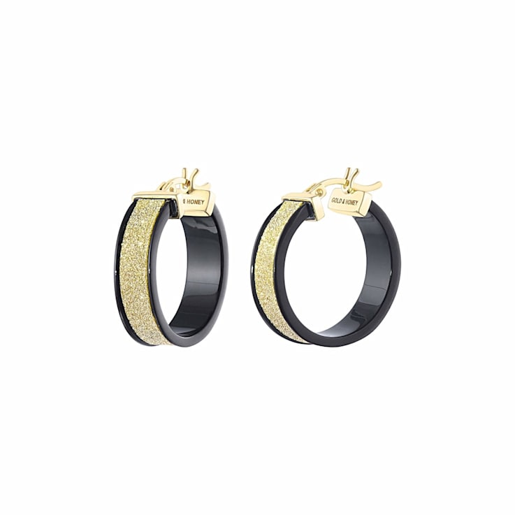 14K Yellow Gold Over Sterling Silver Wide Gold Color Glitter Black
Acrylic Hoops