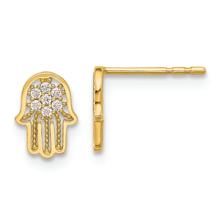 14k Yellow Gold Polished Textured Cubic Zirconia Hamsa Stud Earrings