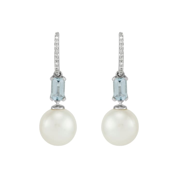 8-8.5mm Round White Freshwater Pearl, Aquamarine and Diamond Accents 14K
White Gold Drop Earrings