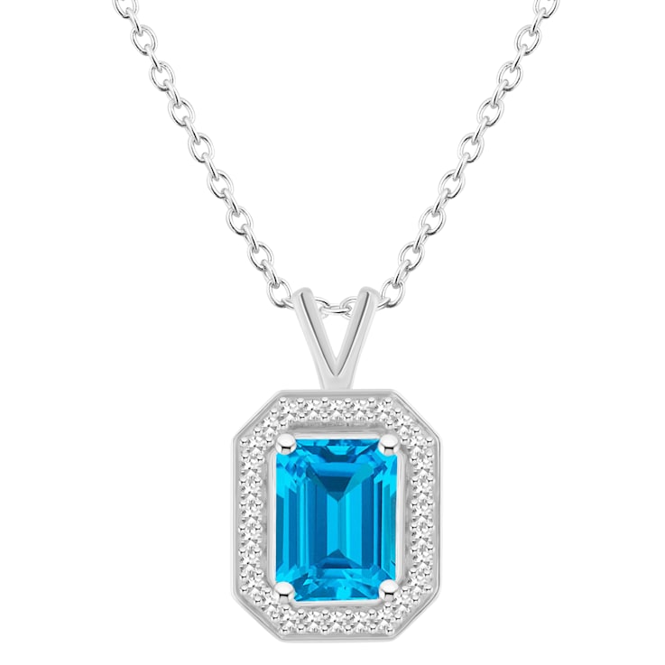 8x6mm Emerald Cut Blue Topaz 1/7 ctw Diamond Rhodium Over Sterling
Silver Halo Pendant with Chain