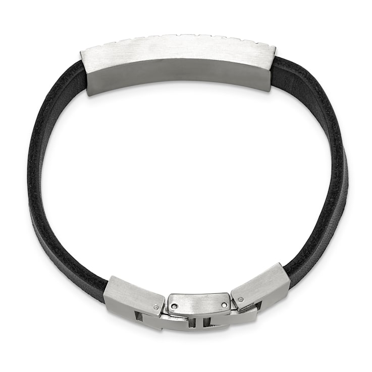 Black Leather and Stainless Steel Textured Enamel ID 7.5-inch with
.5-inch Extension Bracelet