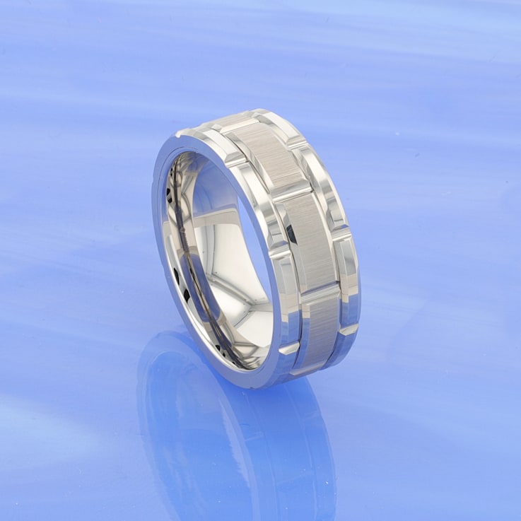 WARWICK Beveled Tungsten Carbide Wedding Band with Brush Finished Center
and Alternating Grooves 8mm