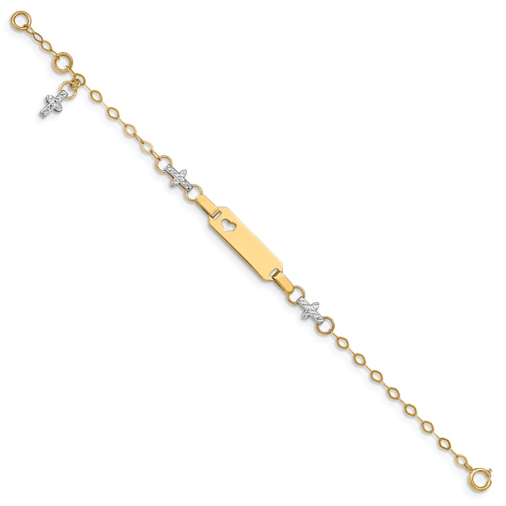 14k Yellow Gold and 14k White Gold Baby Polished Textured Cross ID Bracelet