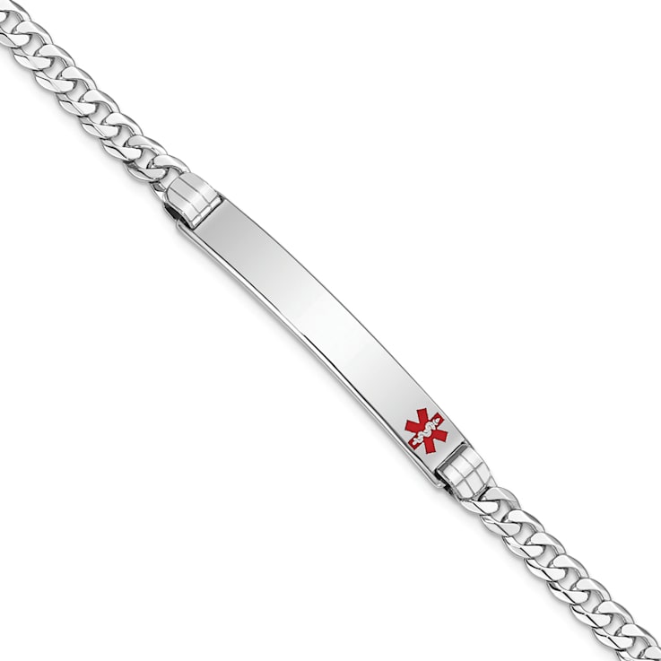 Rhodium Over 14k White Gold Medical Red Enamel Flat Curb Link ID Bracelet