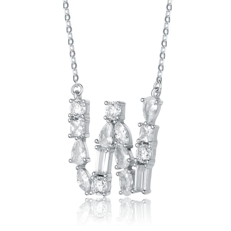 Initial W Mixed Cut CZ Pendant Necklace In Sterling Silver 18 Inch