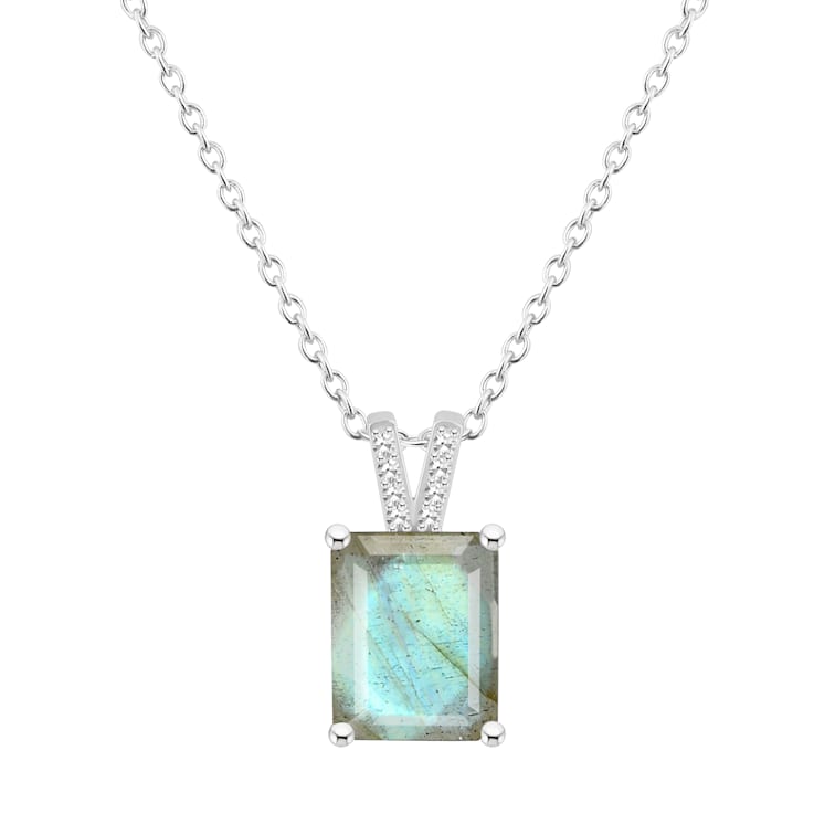10x8mm Emerald Cut Labradorite With Diamond Accents Rhodium Over
Sterling Silver Pendant with Chain
