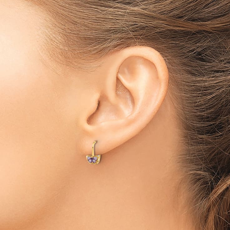 14K Yellow Gold Children's Enamel Butterfly Hoop Earrings