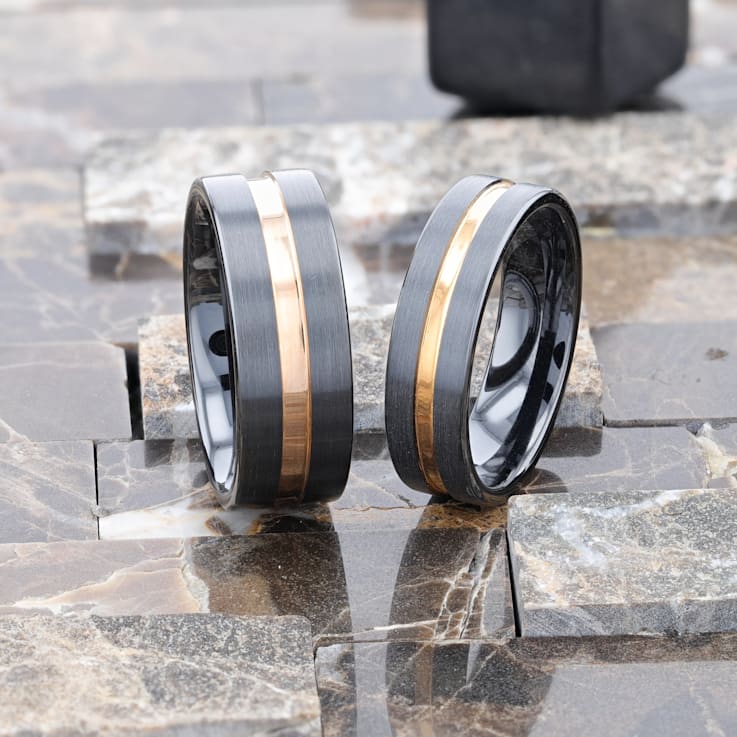 VENICE Black Ceramic Wedding Band with Rose Gold Groove 8mm