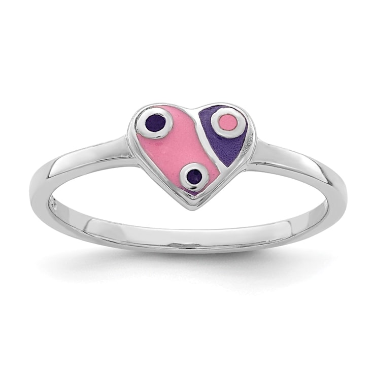 Rhodium Over Sterling Silver Pink and Purple Enameled Heart Children's Ring
