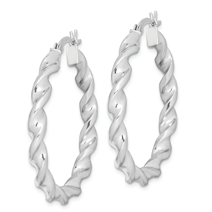 Rhodium Over Sterling Silver Twisted 3.5x35mm Hoop Earrings