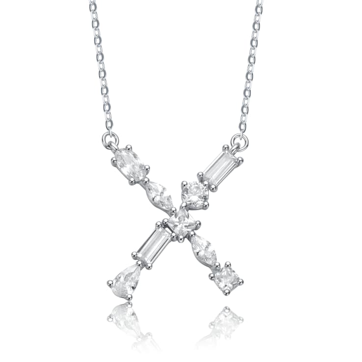 Initial X Mixed Cut CZ Pendant Necklace In Sterling Silver 18 Inch