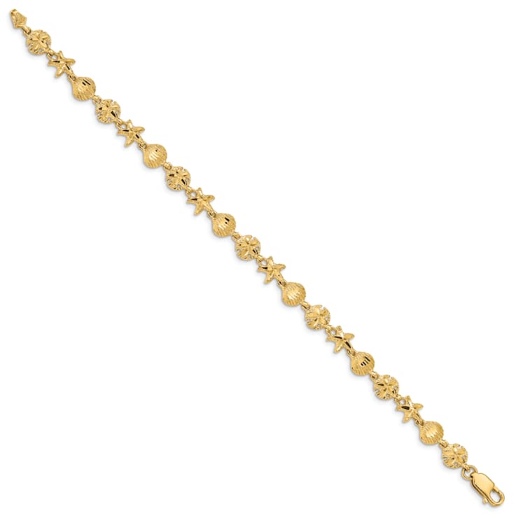 14k Yellow Gold Textured Starfish, Sand Dollar and Shell Link Bracelet