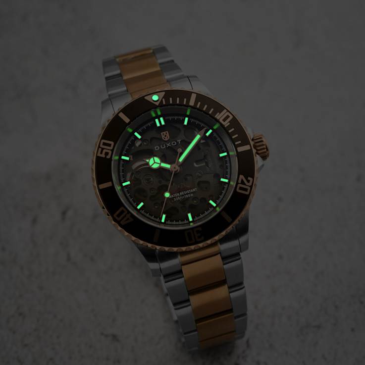 Duxot Atlantica Skeleton Diver Brown Dial Rose Bezel Two-tone Stainless
Steel Band Automatic Watch