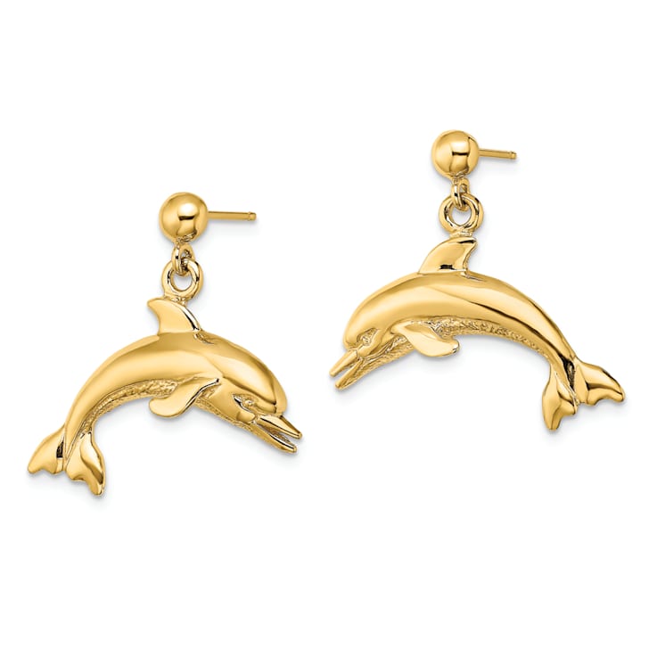 14k Yellow Gold Jumping Dolphin Dangle Earrings