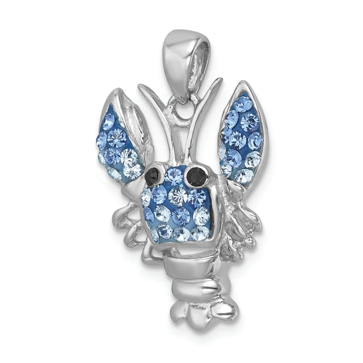 Rhodium Over Sterling Silver Polished Blue Crystal Lobster Pendant